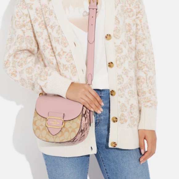 💖 NWT COACH SADDLE BAG IN PINK AND SNAKE-EMBOSSED LEATHER - Picture 8 of 14